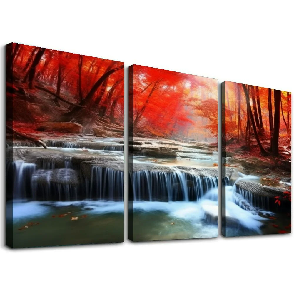 YIKUMA BK03950 Wall Art Decor Canvas Print Picture Red Forest Waterfalls Modern Landscape Tree for Living Room Bedroom Kitchen Office Home Decorations Stretched 12''x16''X3 Panels 12x16x3pcs