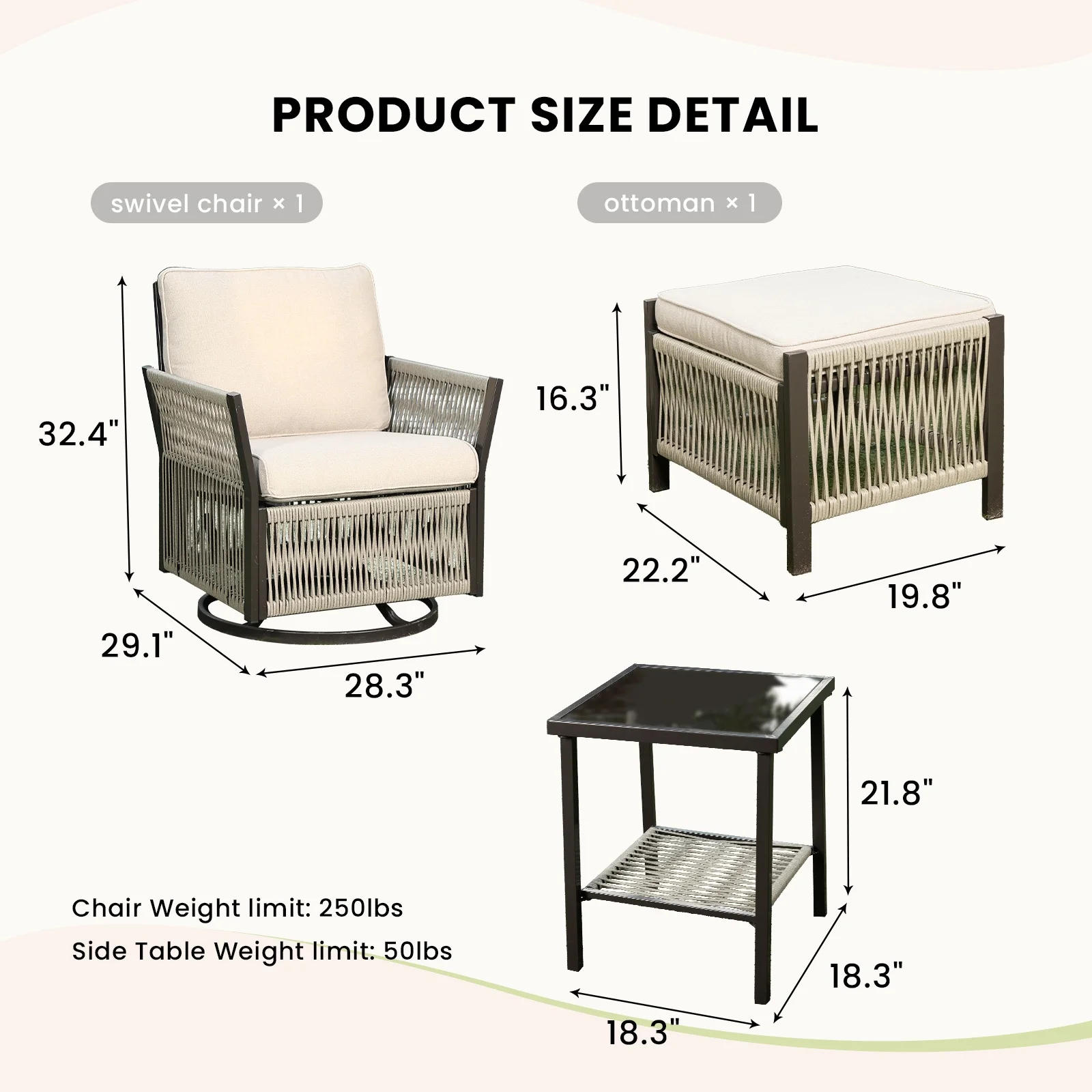 Buenhomino 5-Piece Patio Wicker Furniture Set with 2 Swivel Glider Rocking Chairs, 2 Ottomans and Side Table, All-Weather Outdoor Rattan Bistro Set with Cushions for Garden, Deck, or Backyard