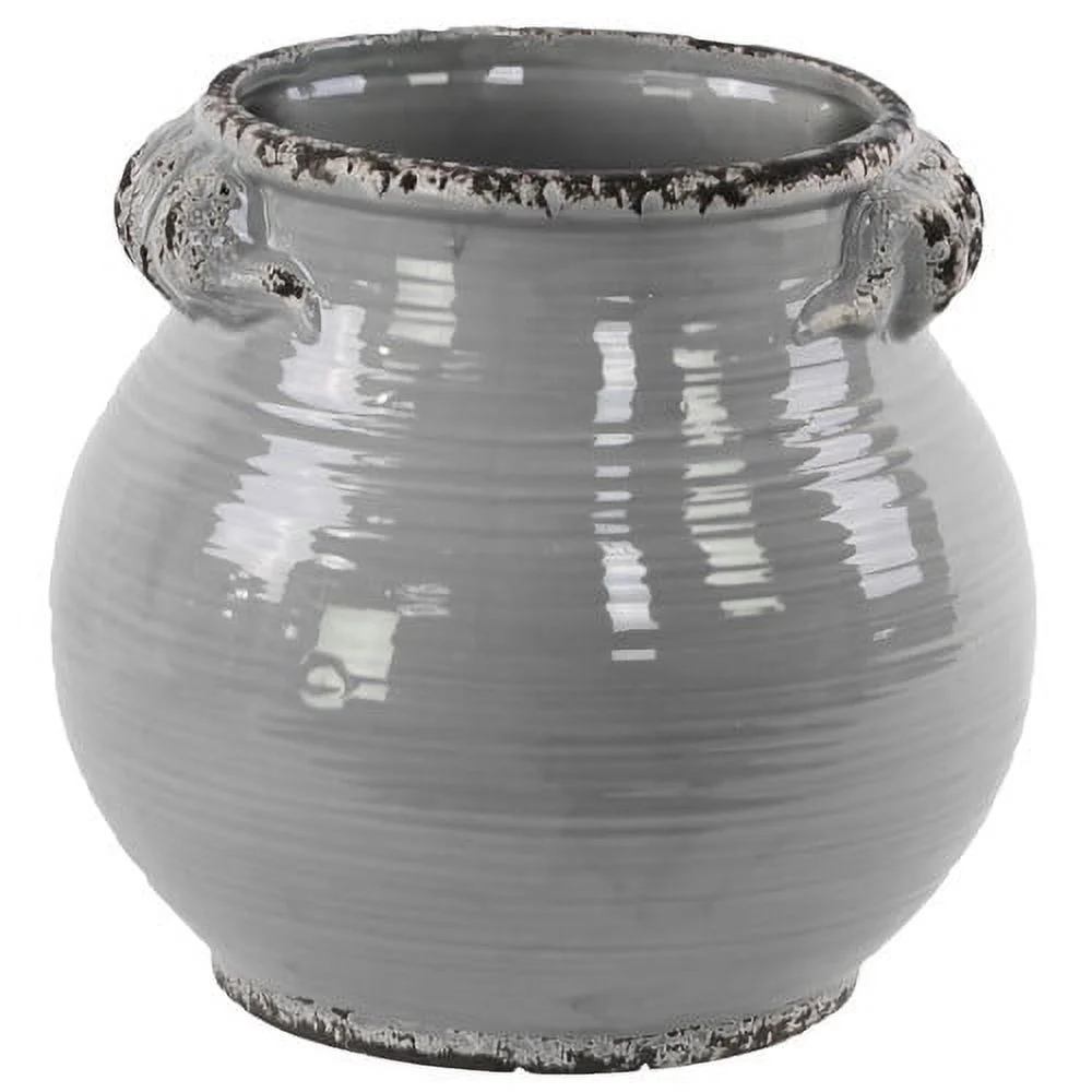 Urban Trends Collection  Ceramic Tall Round Bellied Tuscan Pot with Handles - Distressed Gloss White- Small