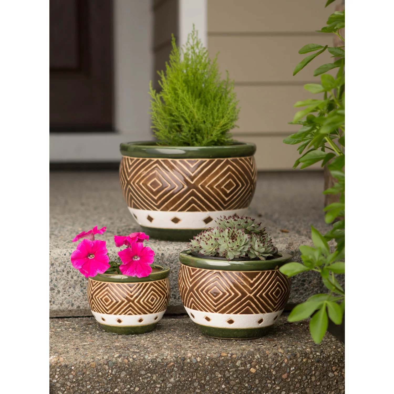 Zingz & Thingz 3 Piece Ceramic Jade Planter Set in Green and Sand