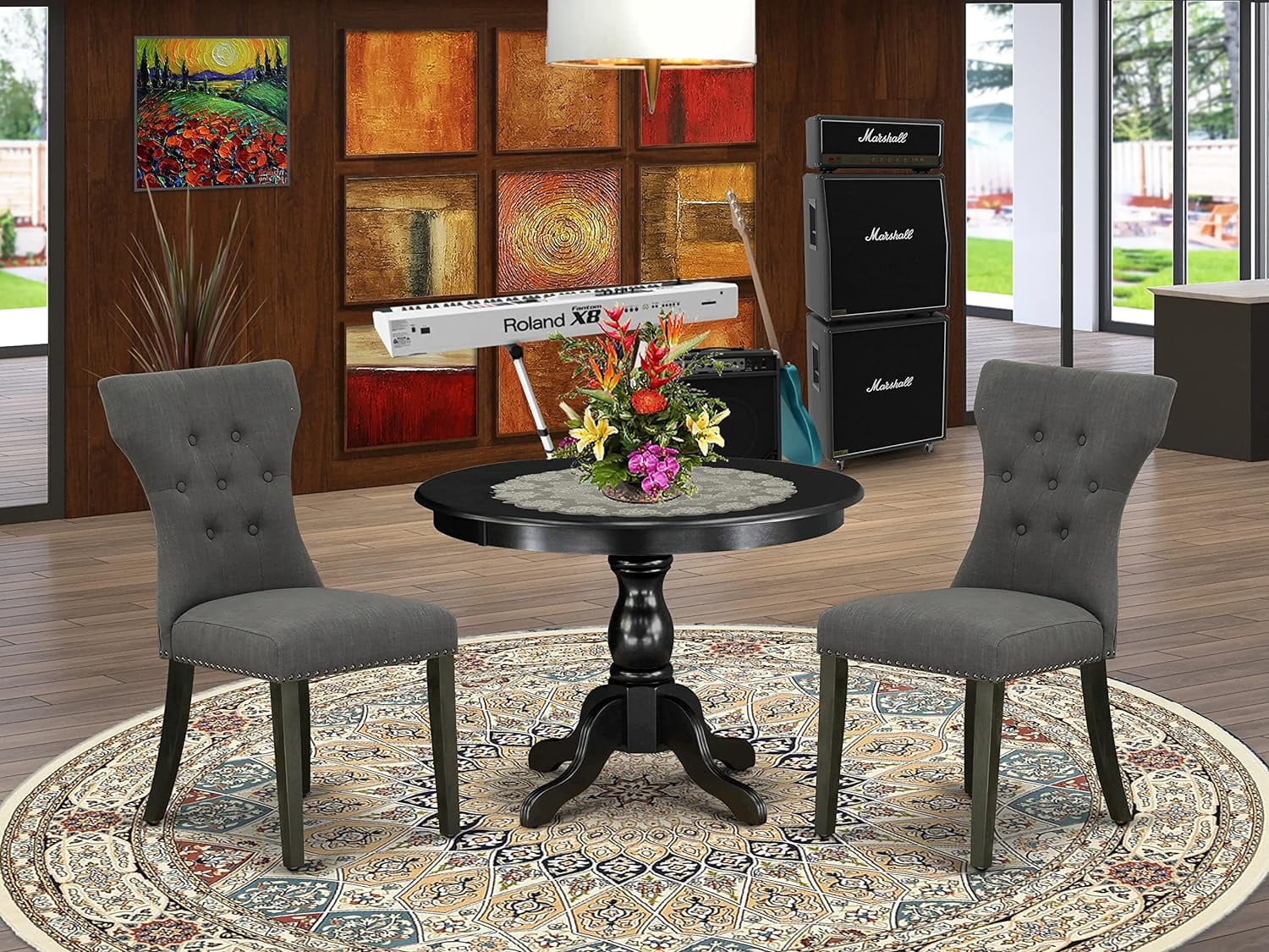 HYUN HBGA3-ABK-50 Hartland 3 Piece Set Contains a Round Dining Room Table with Pedestal and 2 Dark Gotham Linen Fabric Upholstered Parson Chairs, 42x42 Inch