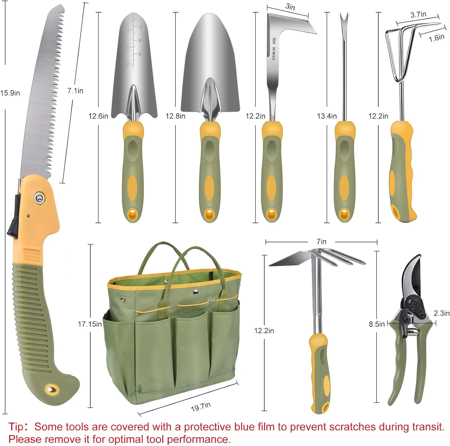 Garden Tool Set, 9 Piece Stainless Steel Heavy Duty Green Gardening Tools with Non-Slip Ergonomic Handle, Durable Garden Tool Bag, Ideal Gardening Hand Tools, Gardening Gifts for Women and Men