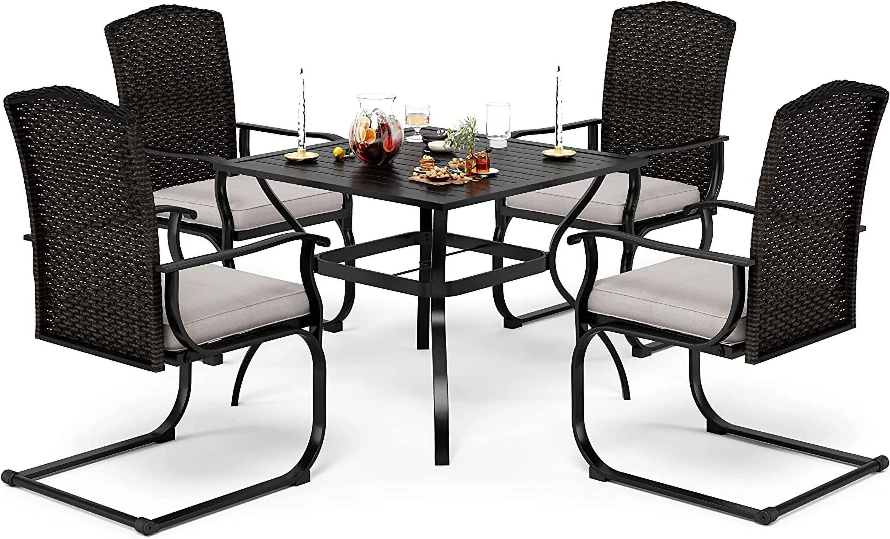 VALLEY Patio Dining Set 5 PCS C Spring Outdoor Dining Sets Wicker Patio Chairs with Cushion 37\u201Dx37\u201Dx28\u201DSquare Table 1.57" Umbrella Hole for Outdoor Kitchen Lawn Garden.
