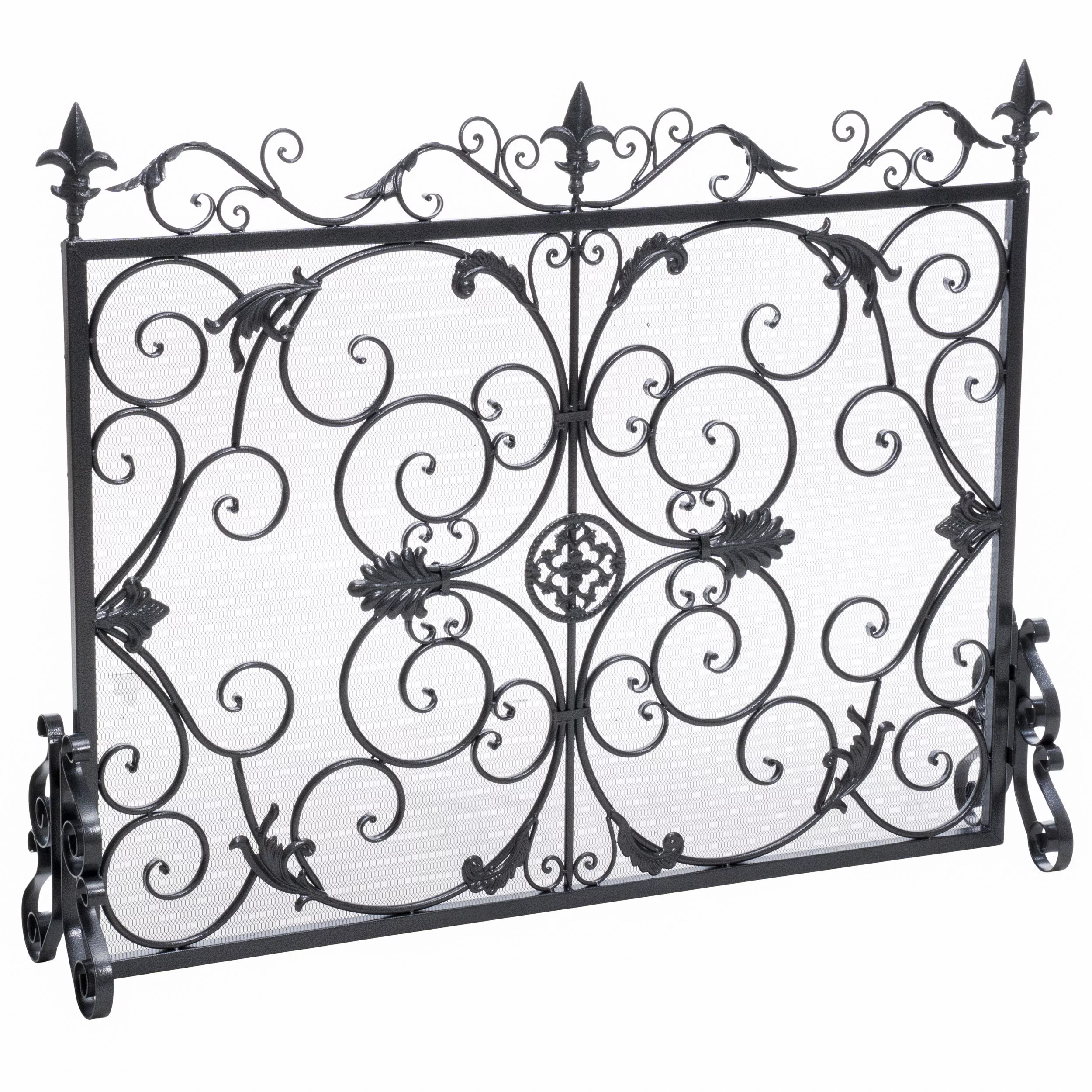Noble House Crenshaw Iron Fireplace Screen, Silver Flower on Black