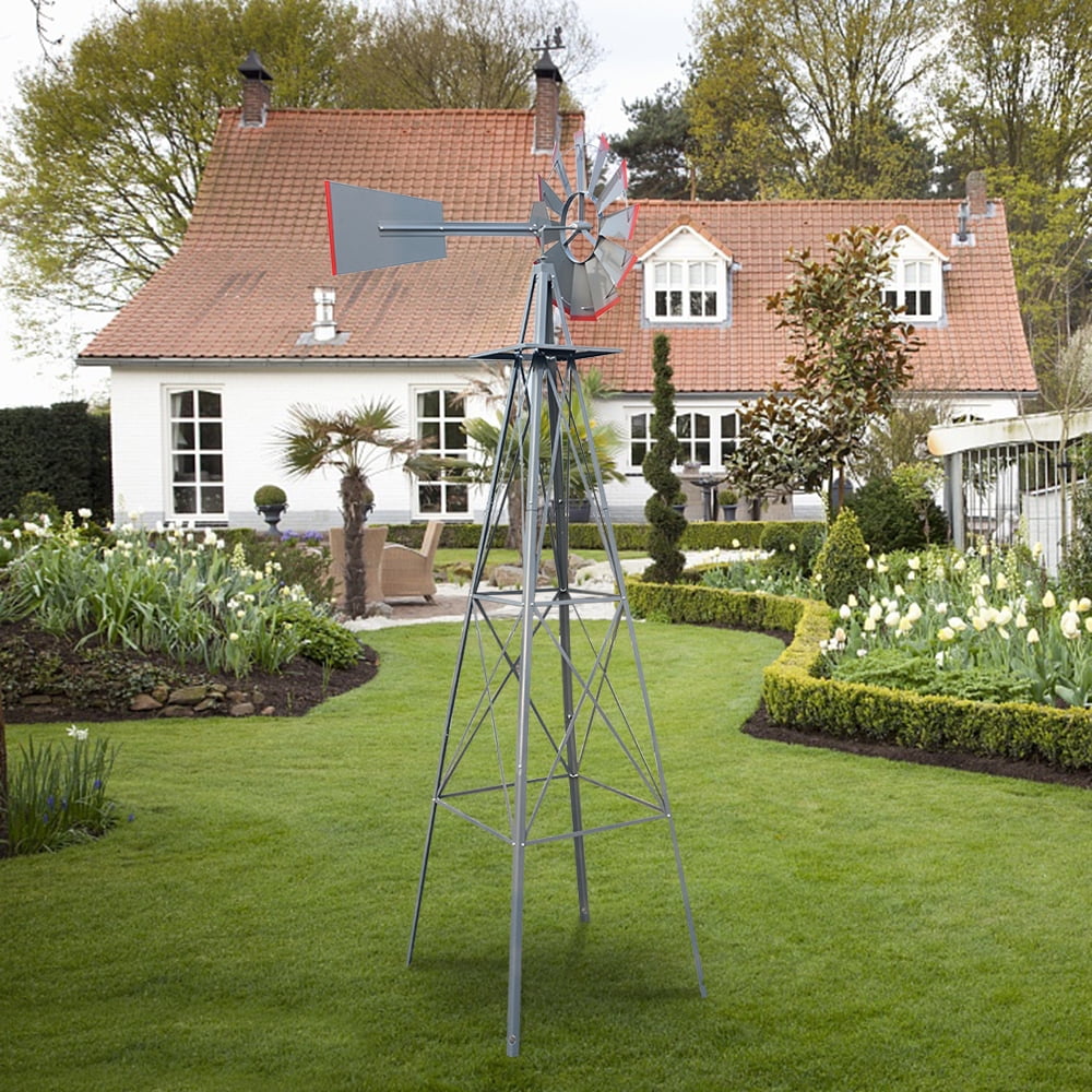 Ktaxon 8FT Weather Resistant Yard Garden Windmill Gray & Red