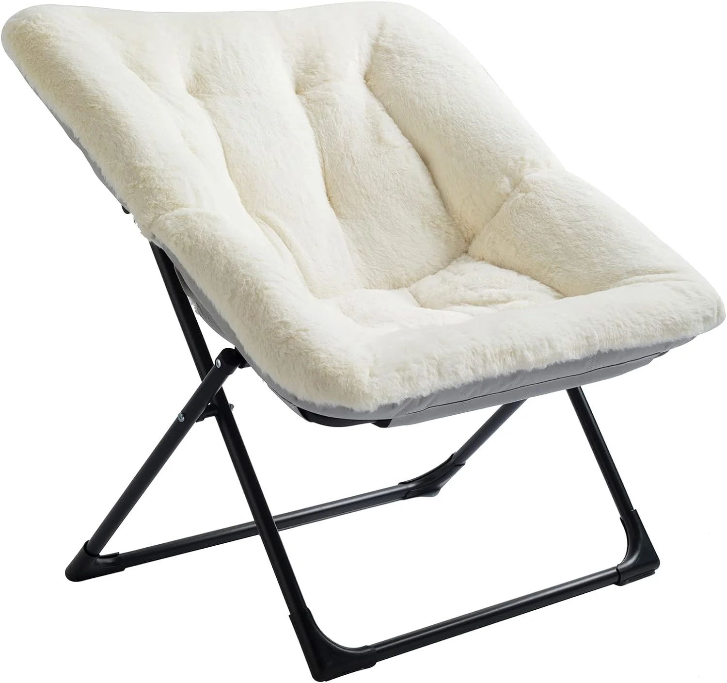 Folding Living Room Chair, Faux Fur Foldable Bedroom Chair, Oversized Saucer Chair, Comfy Chair with Metal Frame, Cozy Furry Padded Chair for Home, Bedroom, Living Room Beige