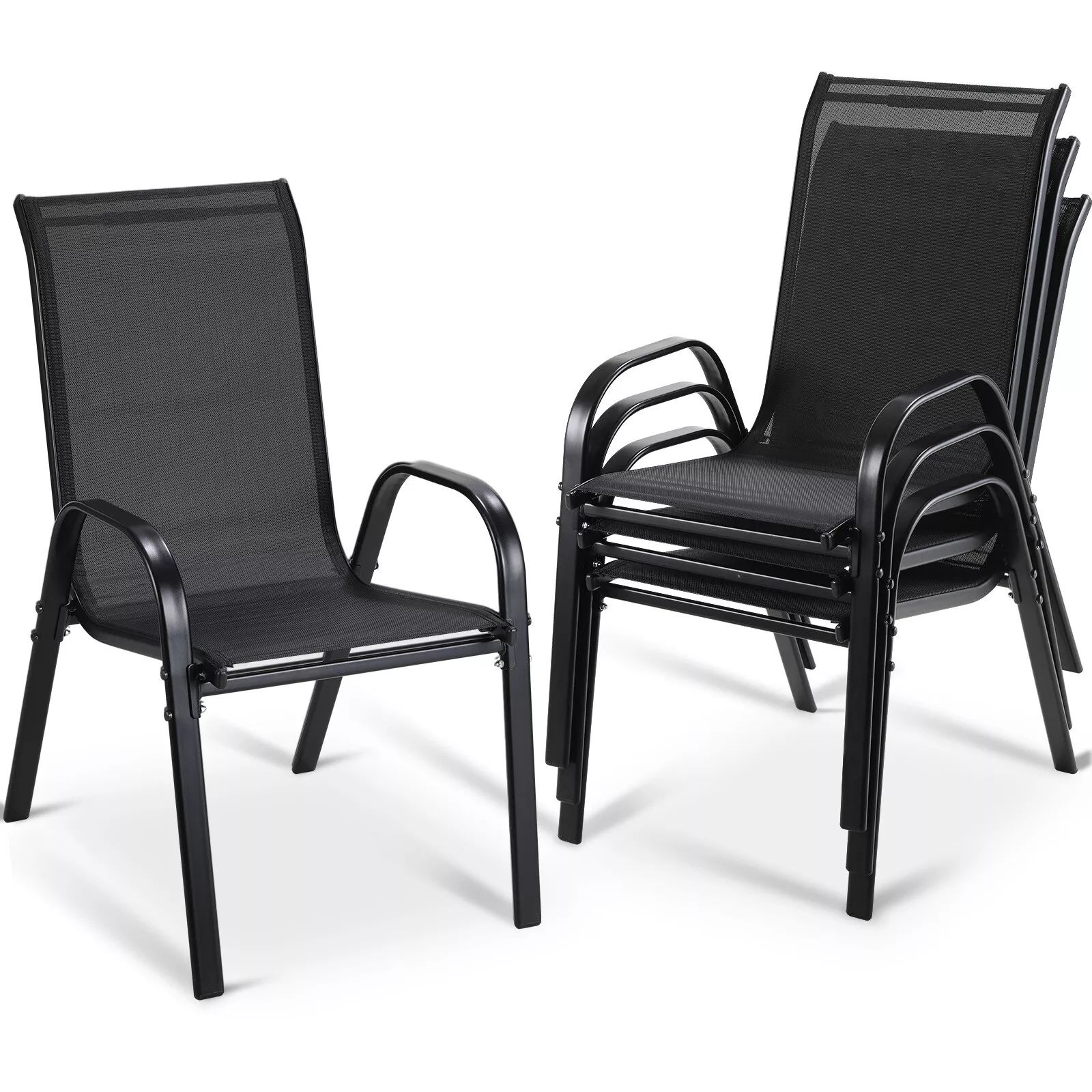 Arlopu Patio Dining Chairs Set of 4, Outdoor Stackable Chairs with High Back & Armrest, Metal Frame, for Backyard, Porch, Garden, 330lbs