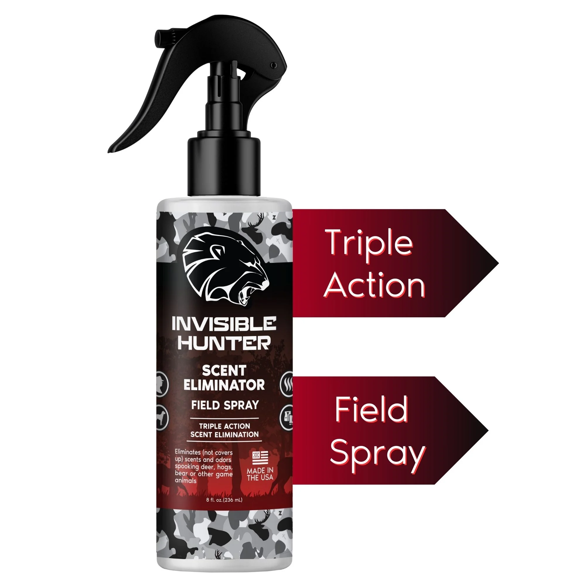 Invisible Hunter Scent Eliminator Field Spray, 8oz ; Triple Action Scent Control, Be Invisible to the Deer, Hog and Other Game; Proven Effective