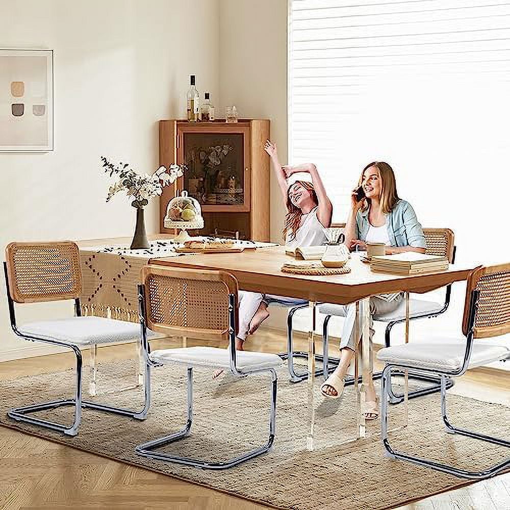 SJOINGB Modern Cesca Cane Dining Chairs    Handwoven Rattan Cane Back  Chrome Base  Upholstered Velvet Seat  Ideal for Kitchen or Dining Room  White