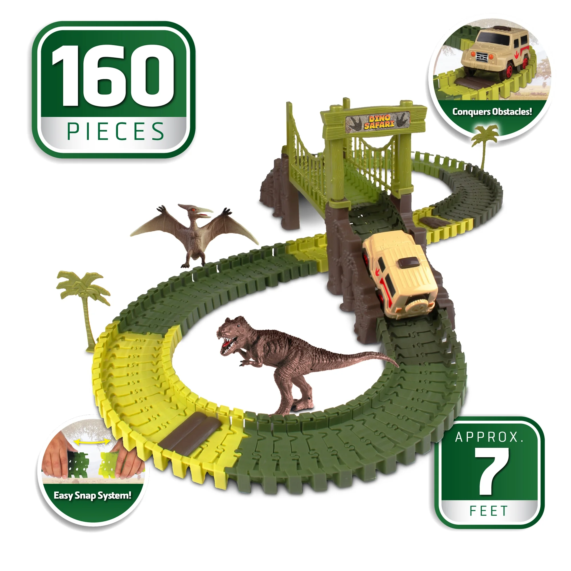 Dino Safari Track Toy Playset W/ Safari Truck, 160 Pieces