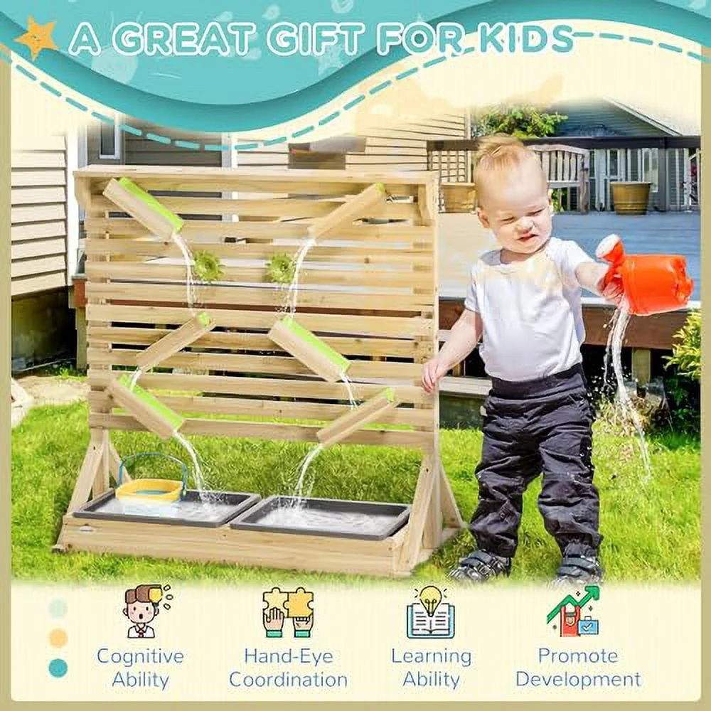 Outsunny 18Pcs Sand and Water Playset for Kids, Wooden Sandbox with Rearrangeable Falling Network Maze, Baby Sensory Toy Outdoor Toys for Summer Activity, Aged 3-7 Years