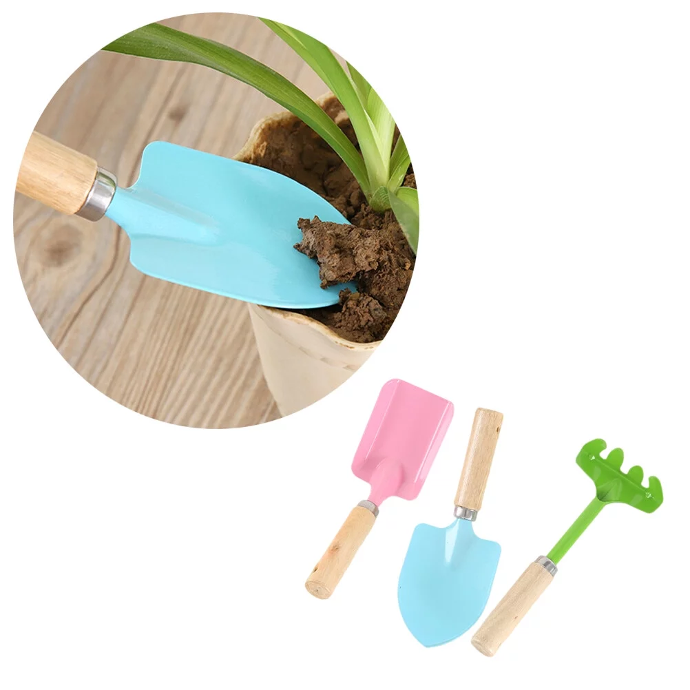 Zonh DOITOOL 3Pcs Wooden Gardening Tool Set with Metal Trowel, Shovel, and Rake
