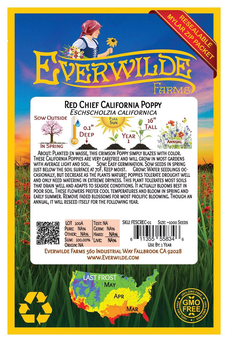 Everwilde Farms - 1000 Red Chief California Poppy Garden Flower Seeds - Gold Vault Jumbo Bulk Seed Packet
