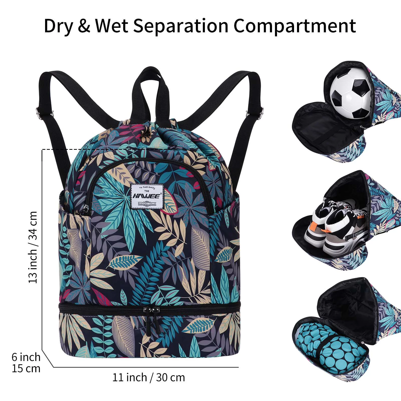 HAWEE Dry Wet Drawstring Backpack with Shoe Compartment for Women Waterproof Yoga String Bag Outdoor Sports Rucksack for Gym/ Beach/ Swim Pool, Blue Maple