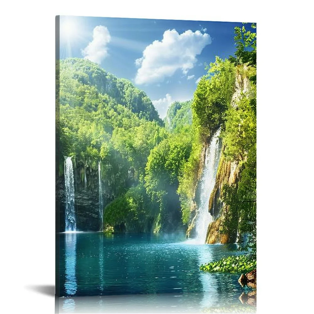 PIKWEEK  Waterfall Painting for Living Room Wall Art Home Decor Prints Green Forest and Lake Pictures Artworks Wall Decoration 12*16in/16*20in