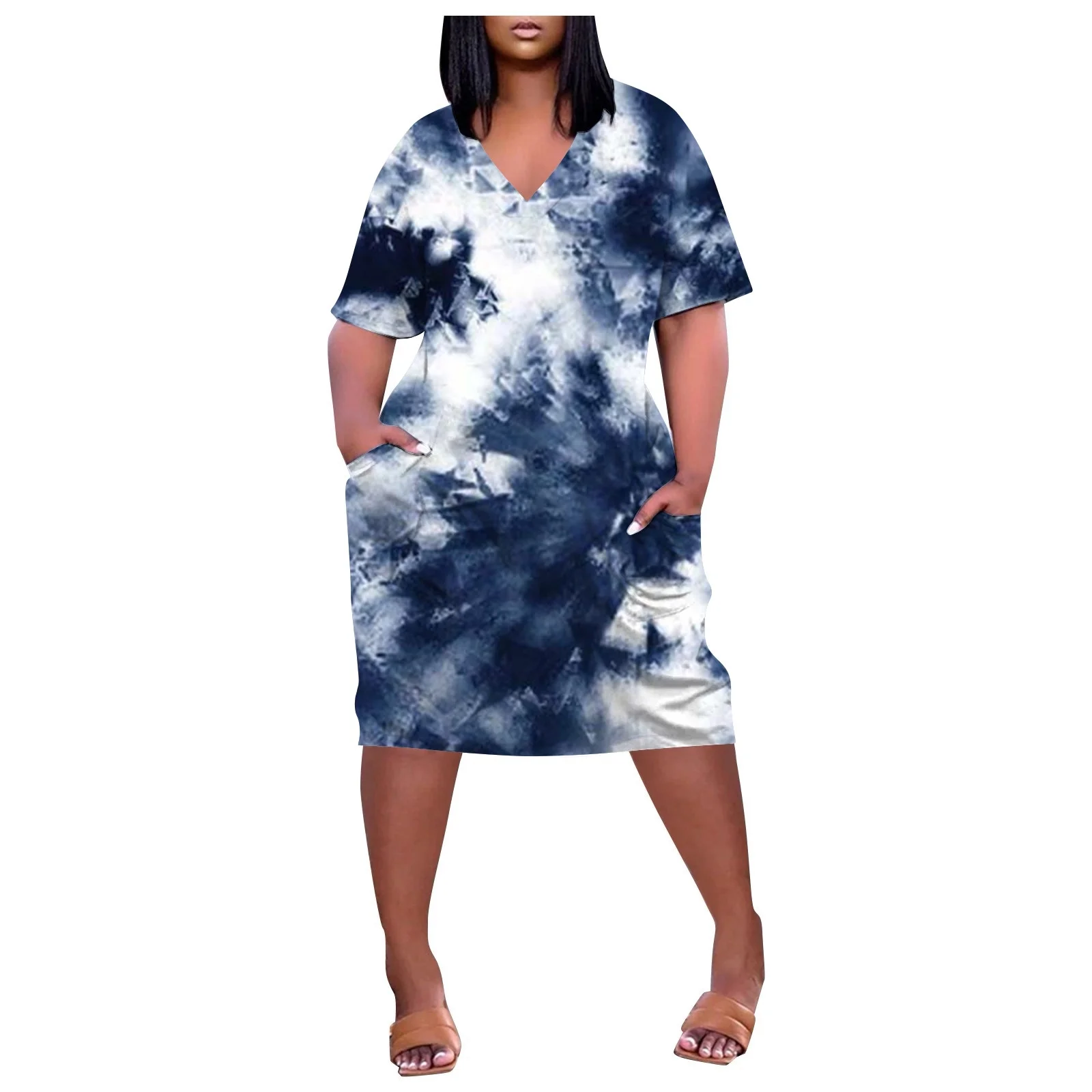Summer Mini Skirt Women'S Large Size Tie Dye Printed V Neck Comfortable Loose Dress Short Sleeved Knee Length Dress With Pockets Skirt Sets Women 2 Piece Outfits Dressy