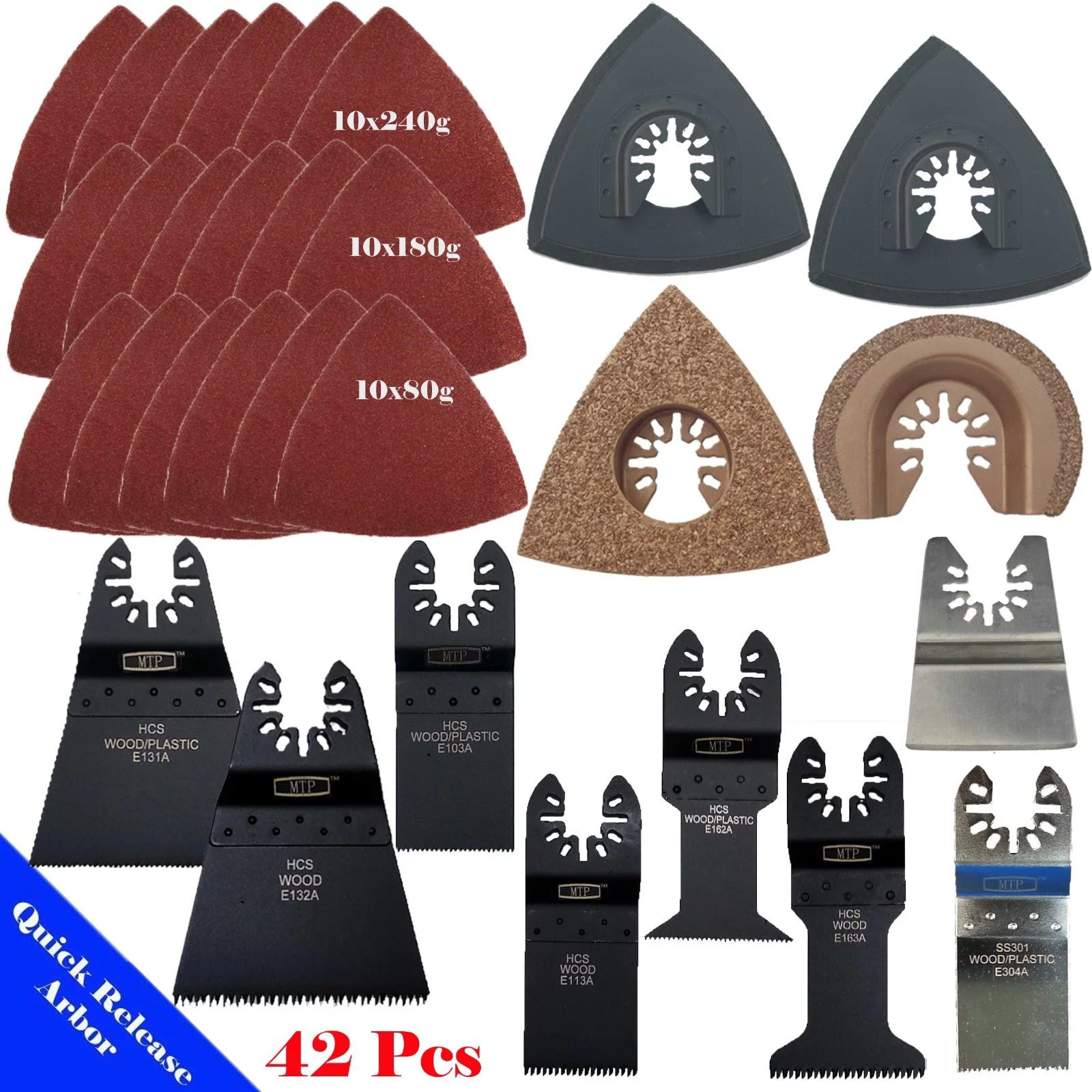 MTP ? 42 Pcs Blades / Sanding Kits Standard Quick Release Universal Fit Multi Tool Oscillating Multitool Saw Blade for Craftsman Porter Cable Black & Decker  Ridgid Ryobi Bosch Tool Free System