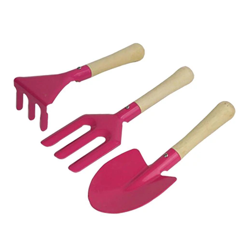 3pcs Mini Metal Rake Shovel Fork Set Kids Beach Sandbox Toy Pink