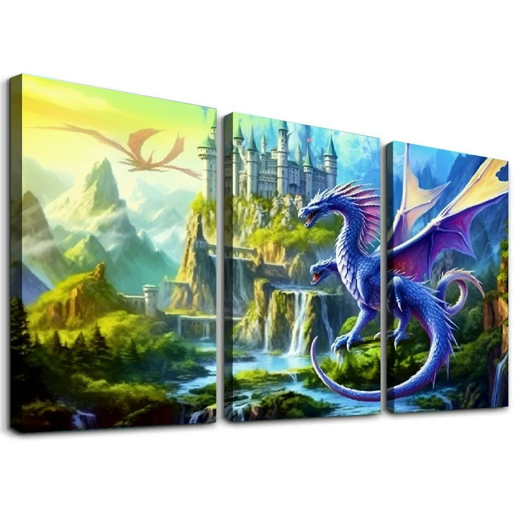 Jiayy Dragon Waterfall Castle Art Wall Decor Oil Painting 12x16in x3 Print On Canvas 12x16x3pcs