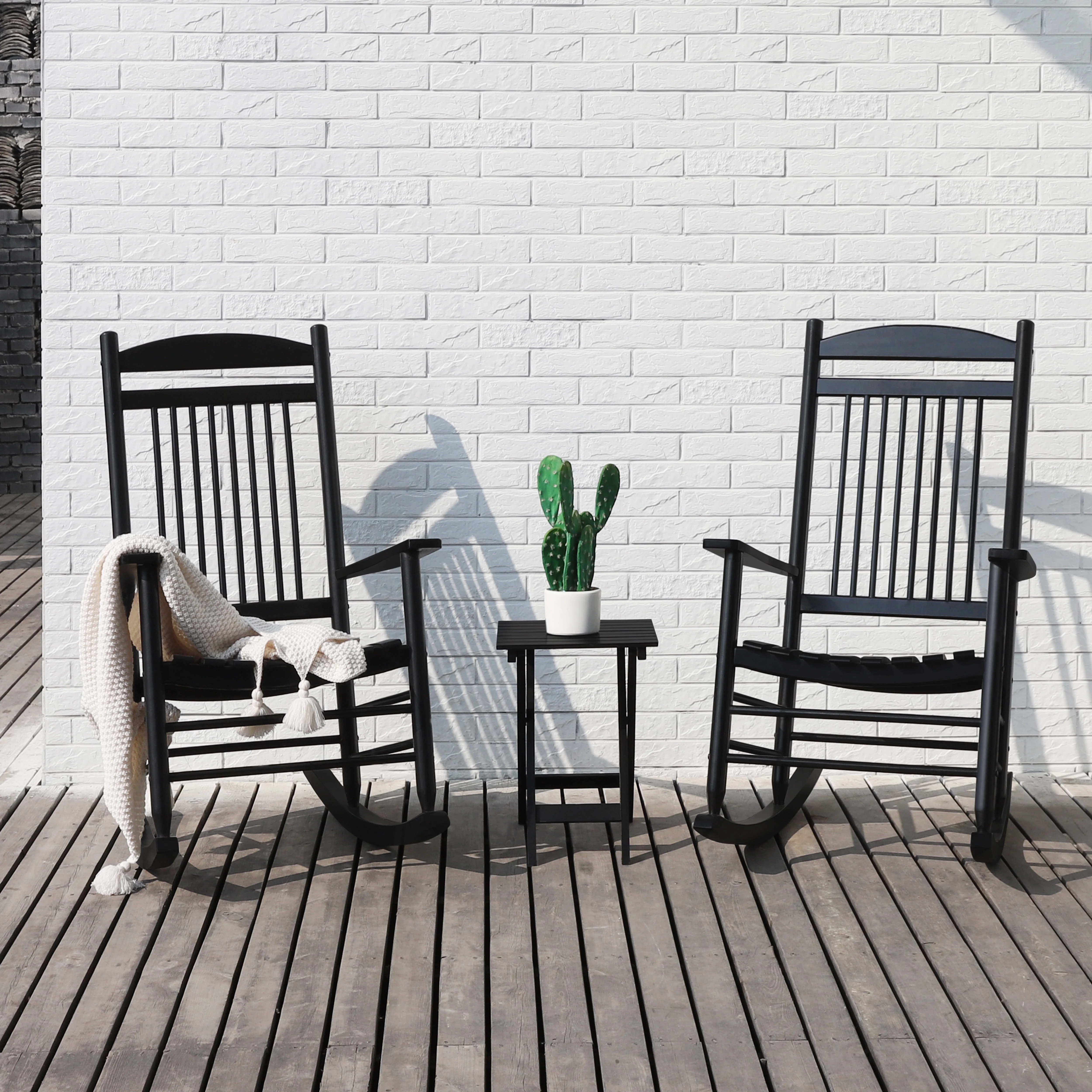 VEIKOUS Outdoor Rocking Chair Set of 3, Wood Bistro Set w/ 2 Seat & Foldable Table, Black