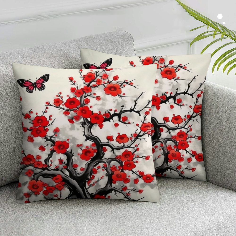 COMIO  Plum Blossom Floral Throw Pillow Cover Set of 2 Cases Branch Foliage Butterfly Cherry Japanese Blossom Ink China Culture Classic Outdoor Decor Pillowcase Home Square