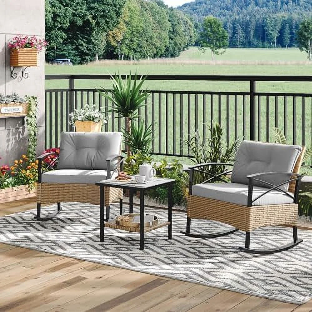 QYFZBIM 3 Piece Patio  Set  Outdoor Rocking Chairs   Patio Chairs with Thick Cushions  Front Porch   Balcony   Grey