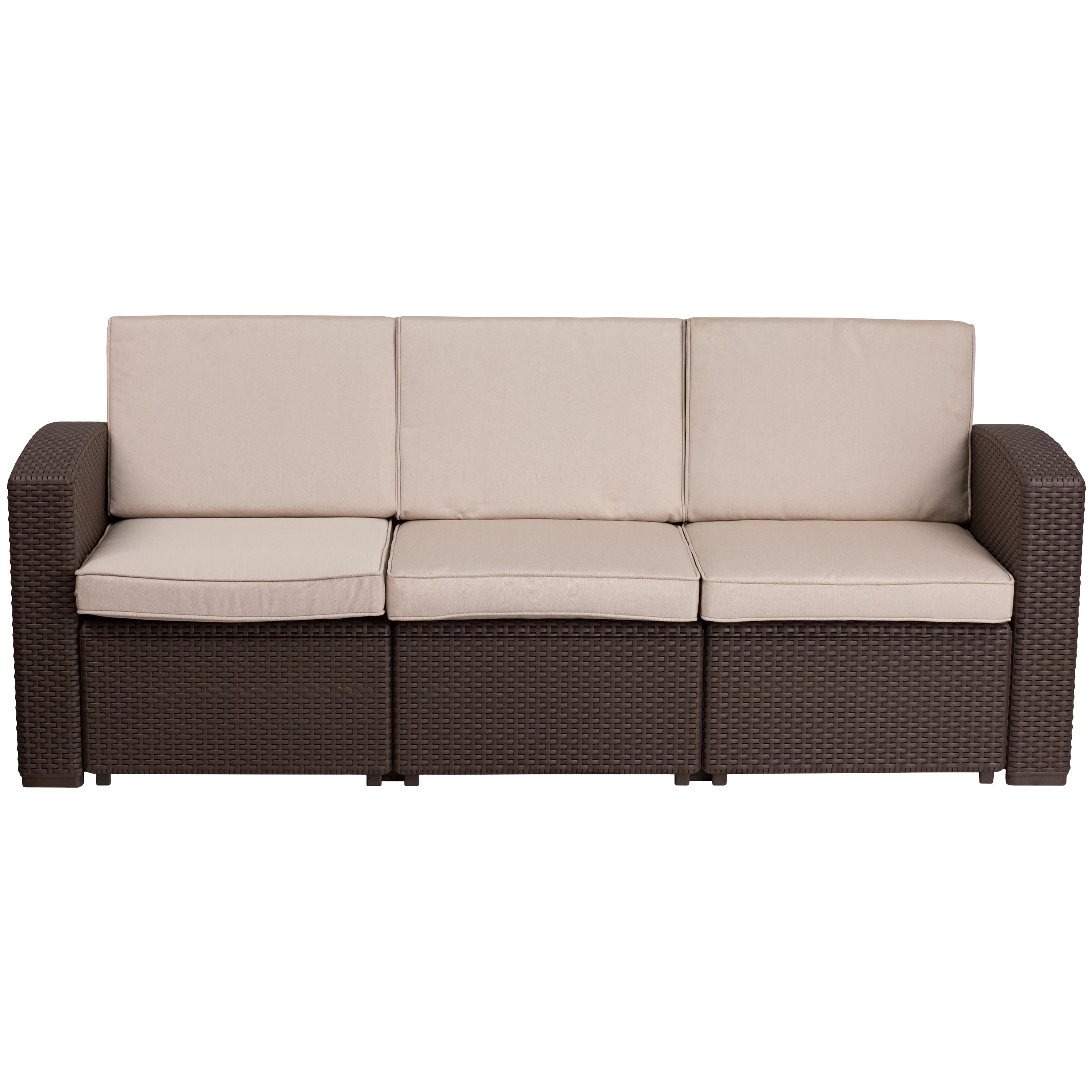BizChair Chocolate Brown Faux Rattan Sofa with All-Weather Beige Cushions