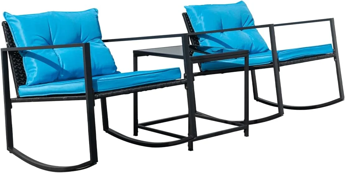 3 Pieces Rocking Wicker Bistro Set, Patio Outdoor Furniture Conversation Sets with Porch Chairs and Glass Coffee Table, Blue