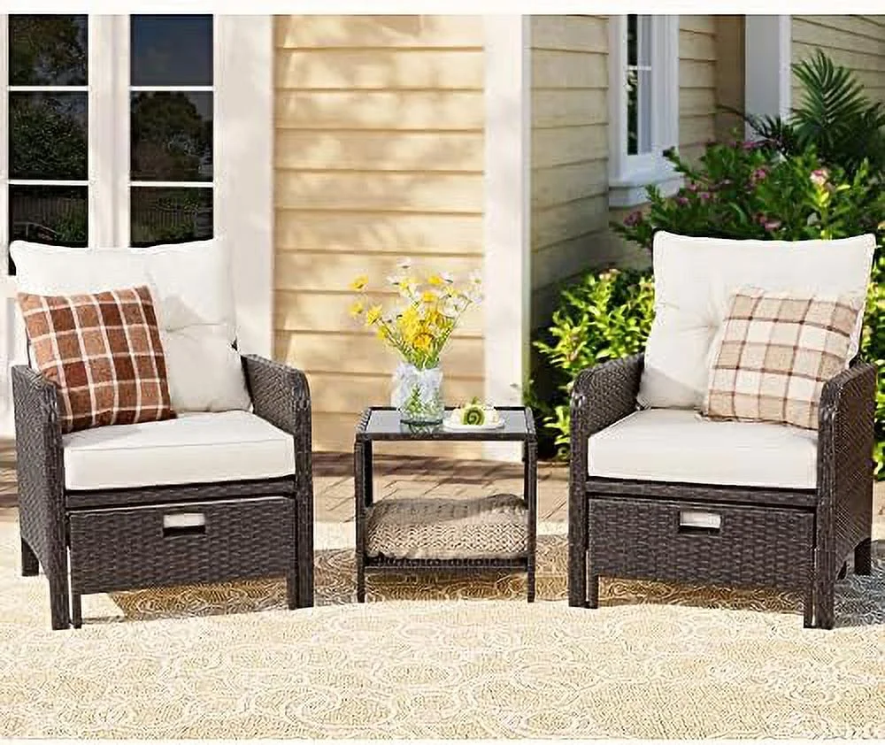 HYHBIBOOM 5 Piece Wicker Patio  Set  All Weather PE Wicker Rattan Outdoor Chair and Ottoman Set  Small Cushioned Patio Chairs with Ottoman Underneath for Lawn Garden Backyard (Beige)