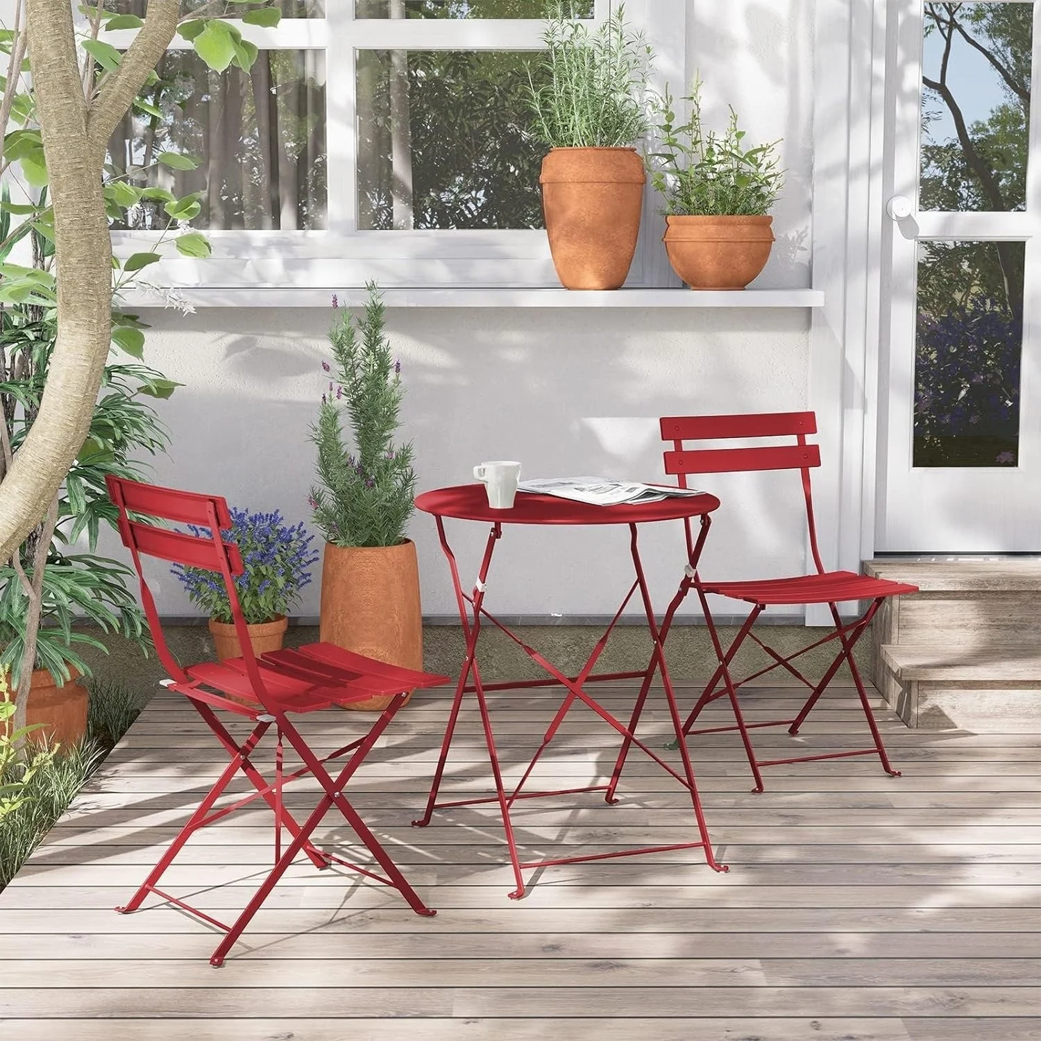 3-Piece Bistro Set Folding Outdoor Furniture Sets with Premium Steel Frame Portable Design for Bistro & Balcony Red
