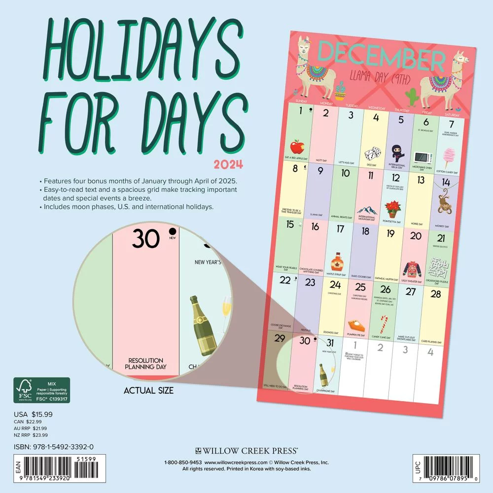 Willow Creek Press, Holidays for Days 2024 Wall Calendar