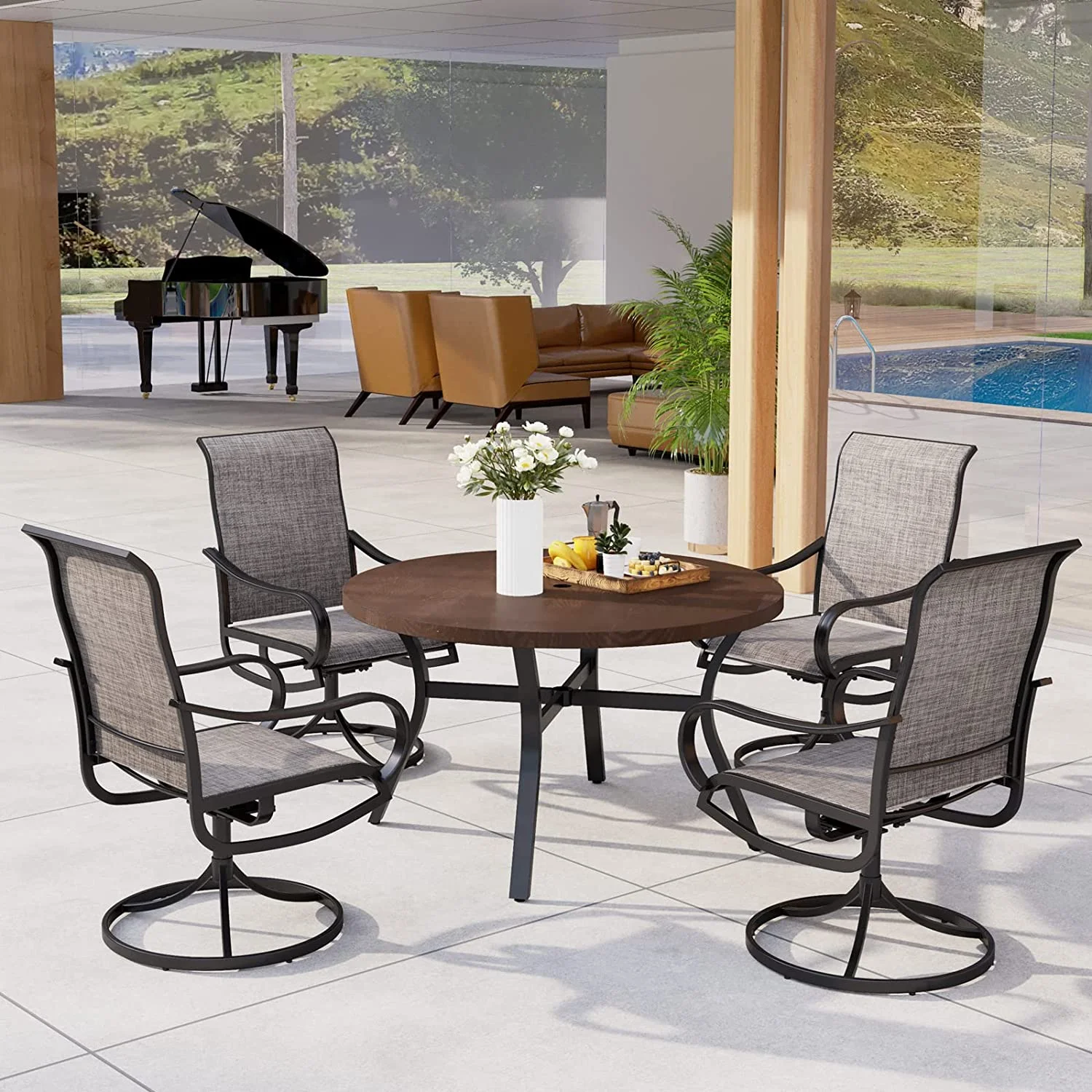 5 Pieces Outdoor Dining Set 4 Sling Dining Swivel Chairs and 48" Round Metal Wood Grain Table with 2" Umbrella Hole Furniture Sets for Lawn Backyard Garden