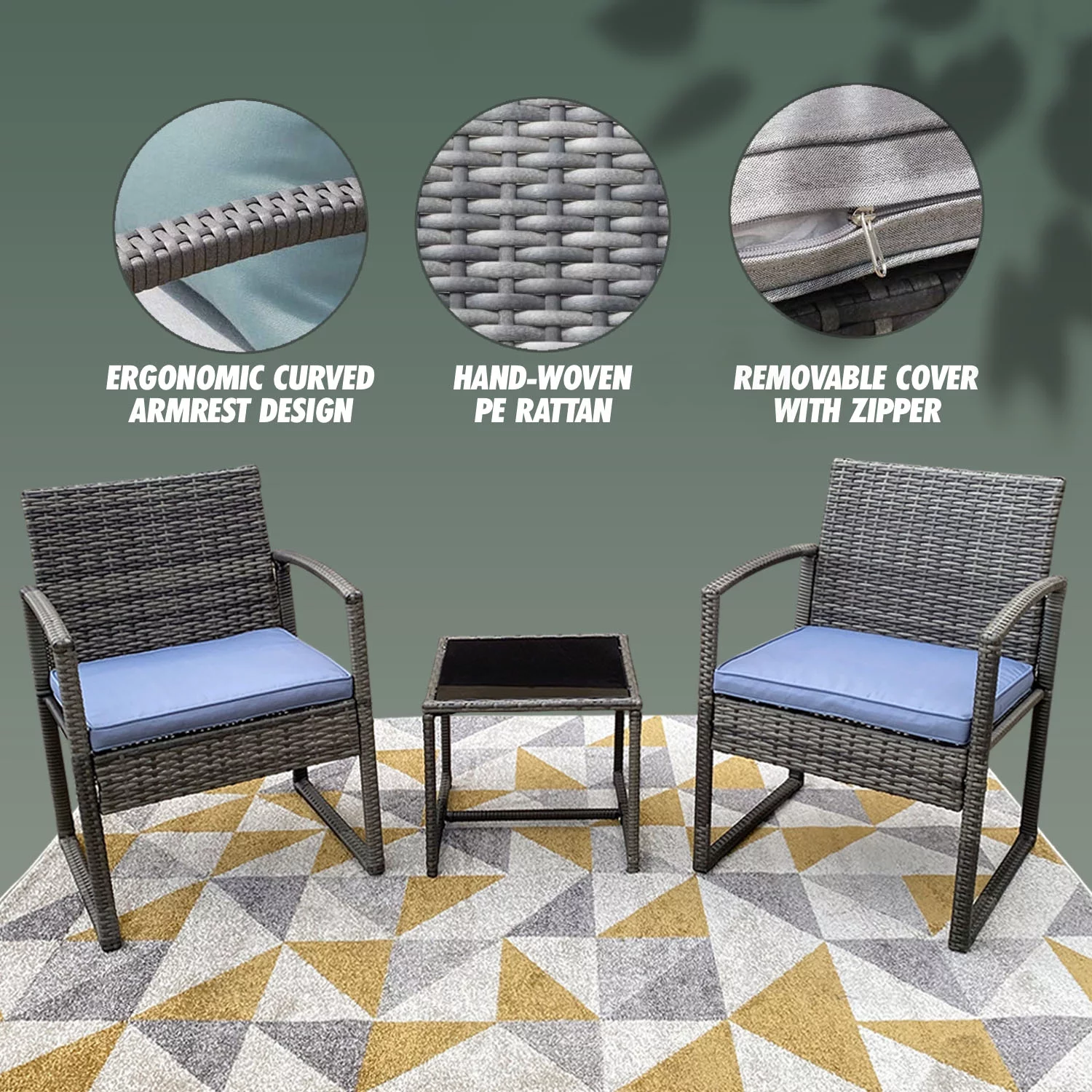 Ozy 3-Piece Rattan Stylish Sturdy Furniture Set -2 Elegant Chairs With Solid Glass Coffee Table - Gray