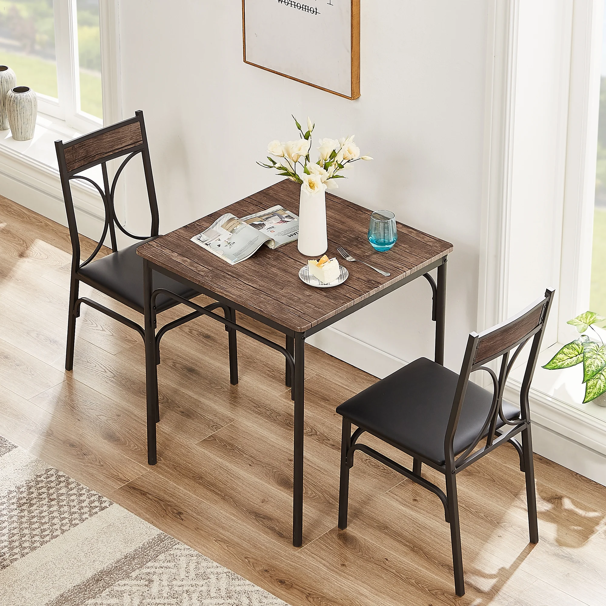 Katkuca Dining Table Set for 2, Modern 3-Piece Space Saving Dinette Set with Upholstered Chairs for Dining Room Home Kitchen, Apartment, Brown