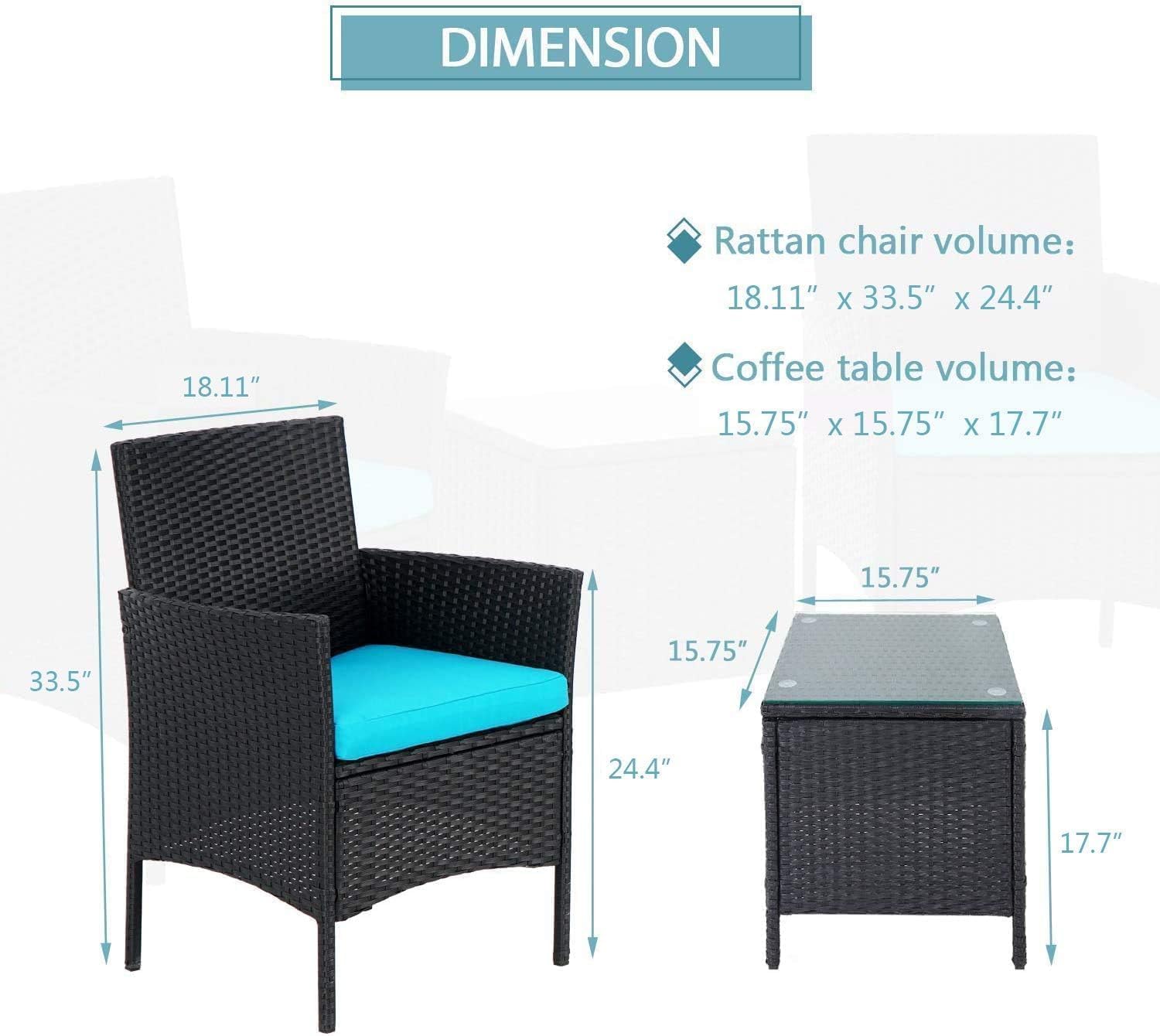 Betterland 3-Piece Patio Bistro Set Outdoor Conversation Set, Black Wicker Porch Chairs Set Garden Furniture with Glass Top Coffee Table (LightBlue Cushion)
