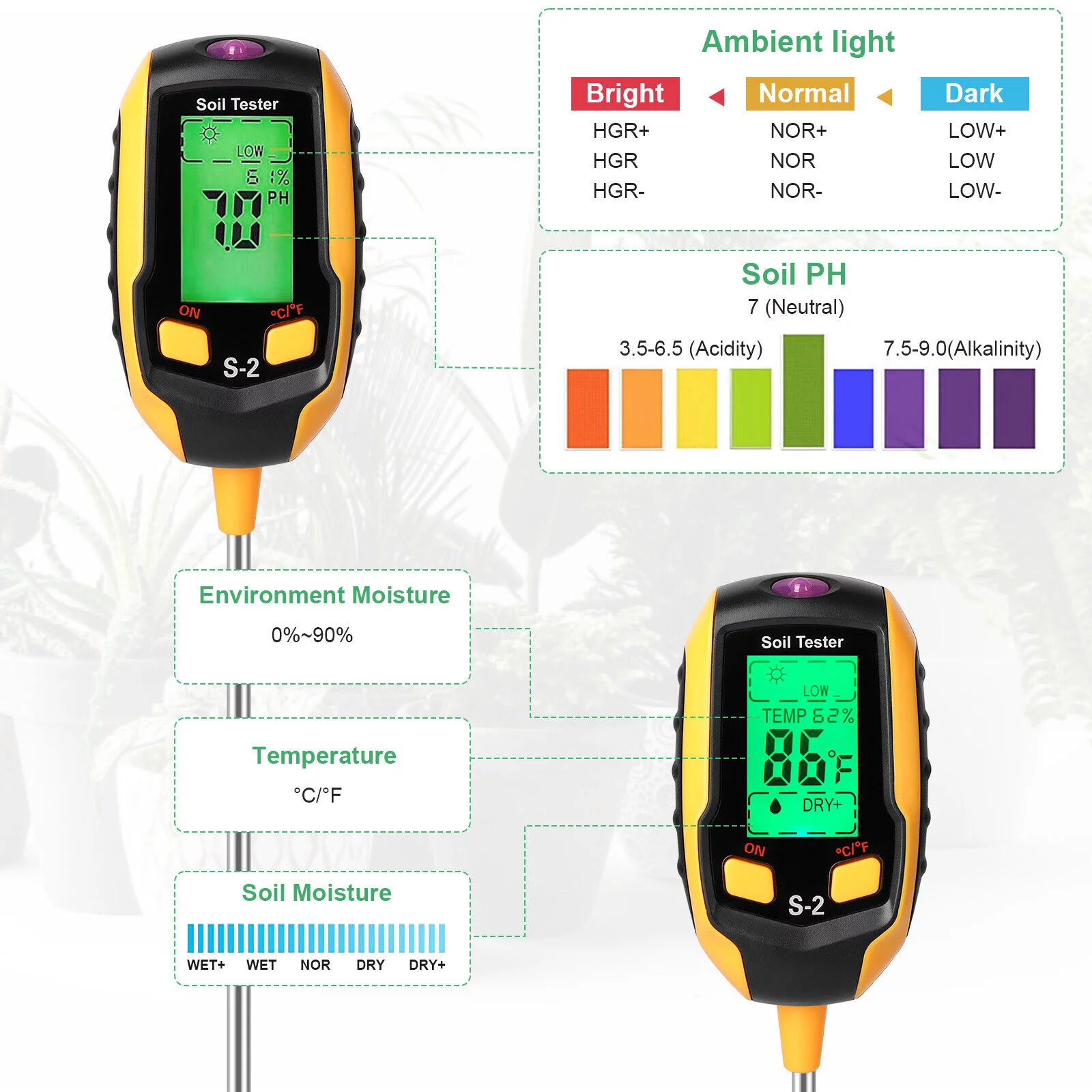 LCD Digital PH Soil Tester Water Moisture Temperature Sunlight Test Meter Plant