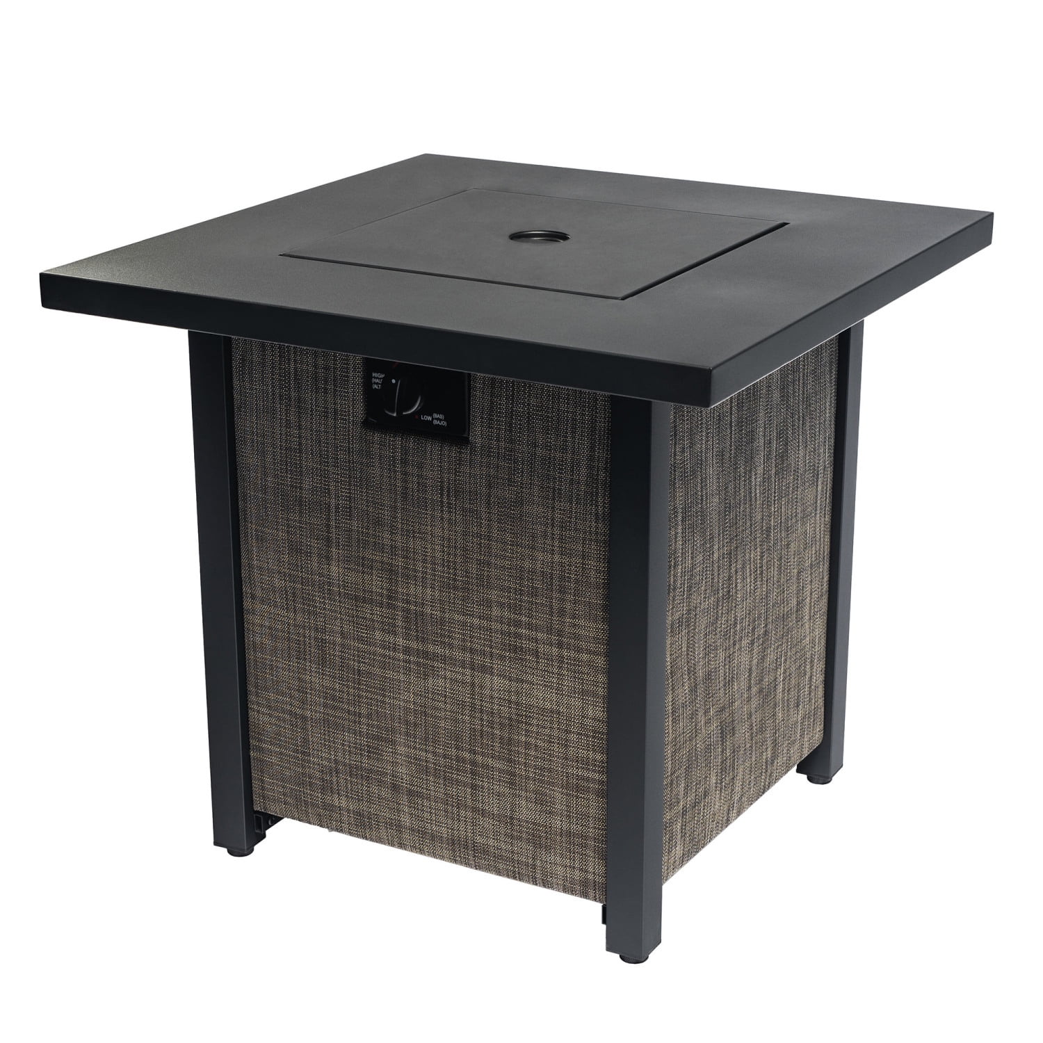 40000BTU Square Propane Fire Pit Table Steel Tabletop with Textilene Side Panel  Steel Lid and Rocks