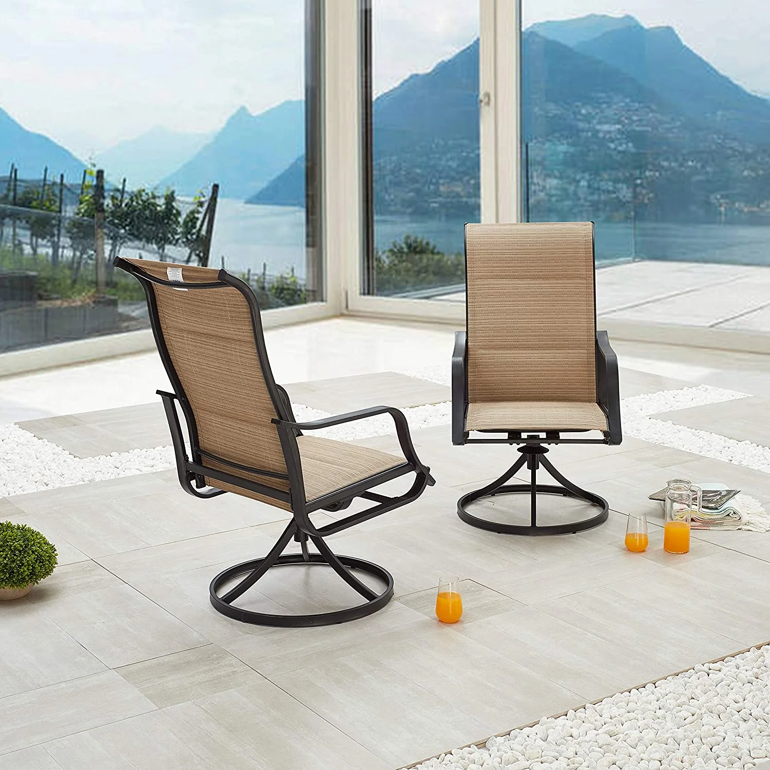 Outdoor Patio Dining Chair Swivel Sling Rocker Set with Steel Metal Frame (Set of 2), Beige