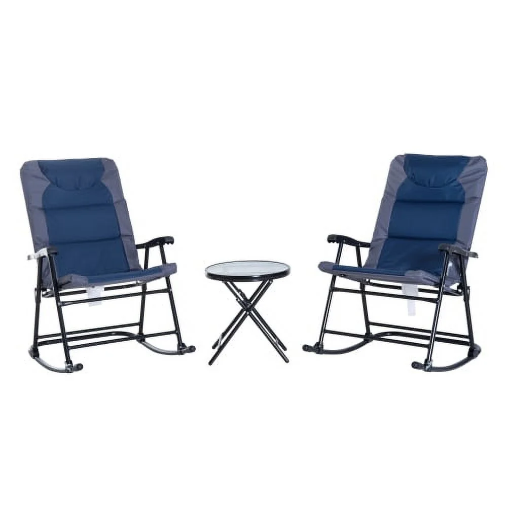 SQIOUH 3 Piece Outdoor Patio  Set with Glass Coffee Table & 2 Folding Padded Rocking Chairs  Bistro Style for Porch  Camping  Balcony  Navy Blue