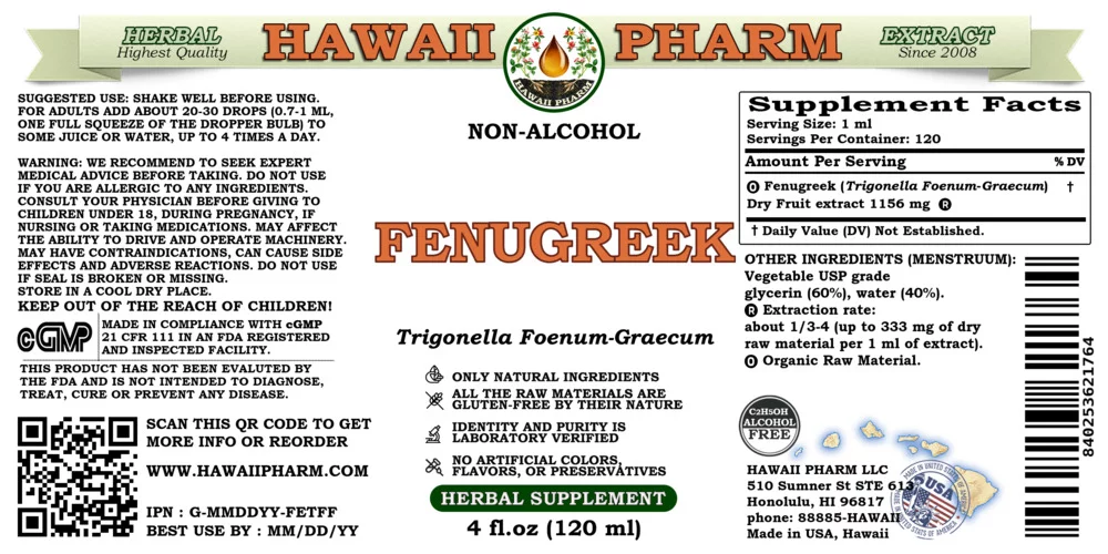 Fenugreek (Trigonella Foenum-Graecum) Dry Fruit ALCOHOL-FREE Liquid Extract. Expertly Extracted by Trusted HawaiiPharm Brand. Absolutely Natural. Proudly made in USA. Glycerite 4 Fl.Oz