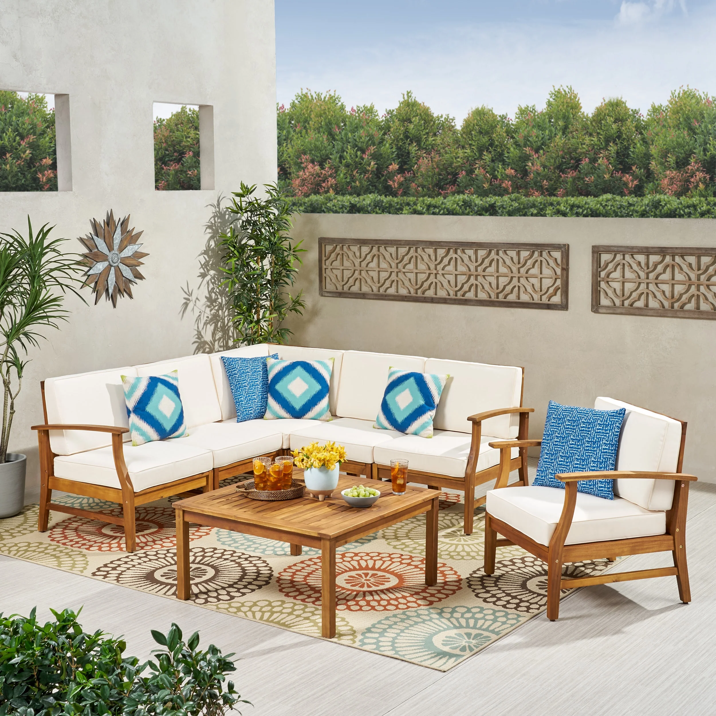 Outdoor 7 Piece Finished Acacia Wood Sofa Set with Cushions,Teak,Cream