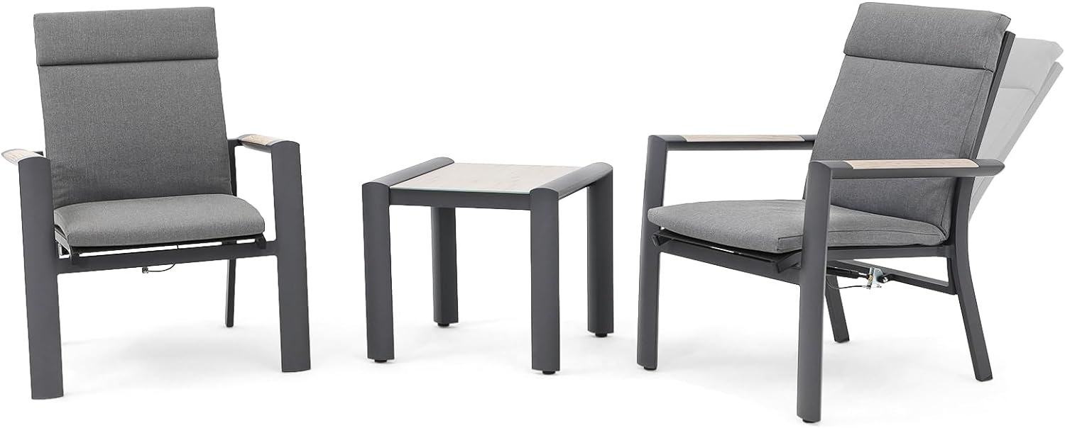 Dina 3 Piece Aluminum Patio Furniture Set  Adjustable Recliner Chairs Bistro Set w/Teak Wood Top Armrest & Glass-Ceramic Top Table  Outdoor Conversation Set w/Removable Cushion  Dark-