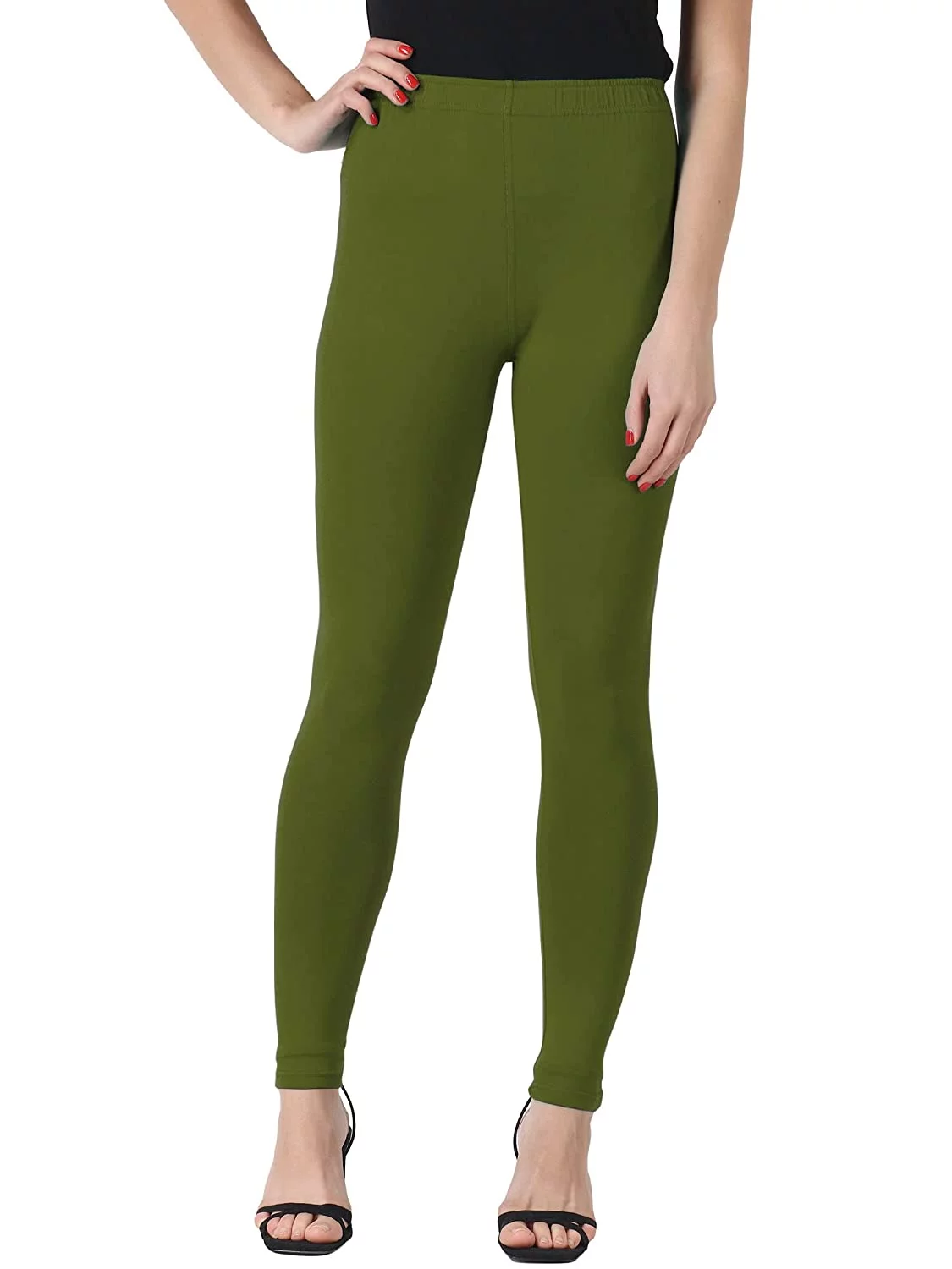 Mehndi Green Ankle Length Premium Cotton Leggings for Women and Girls