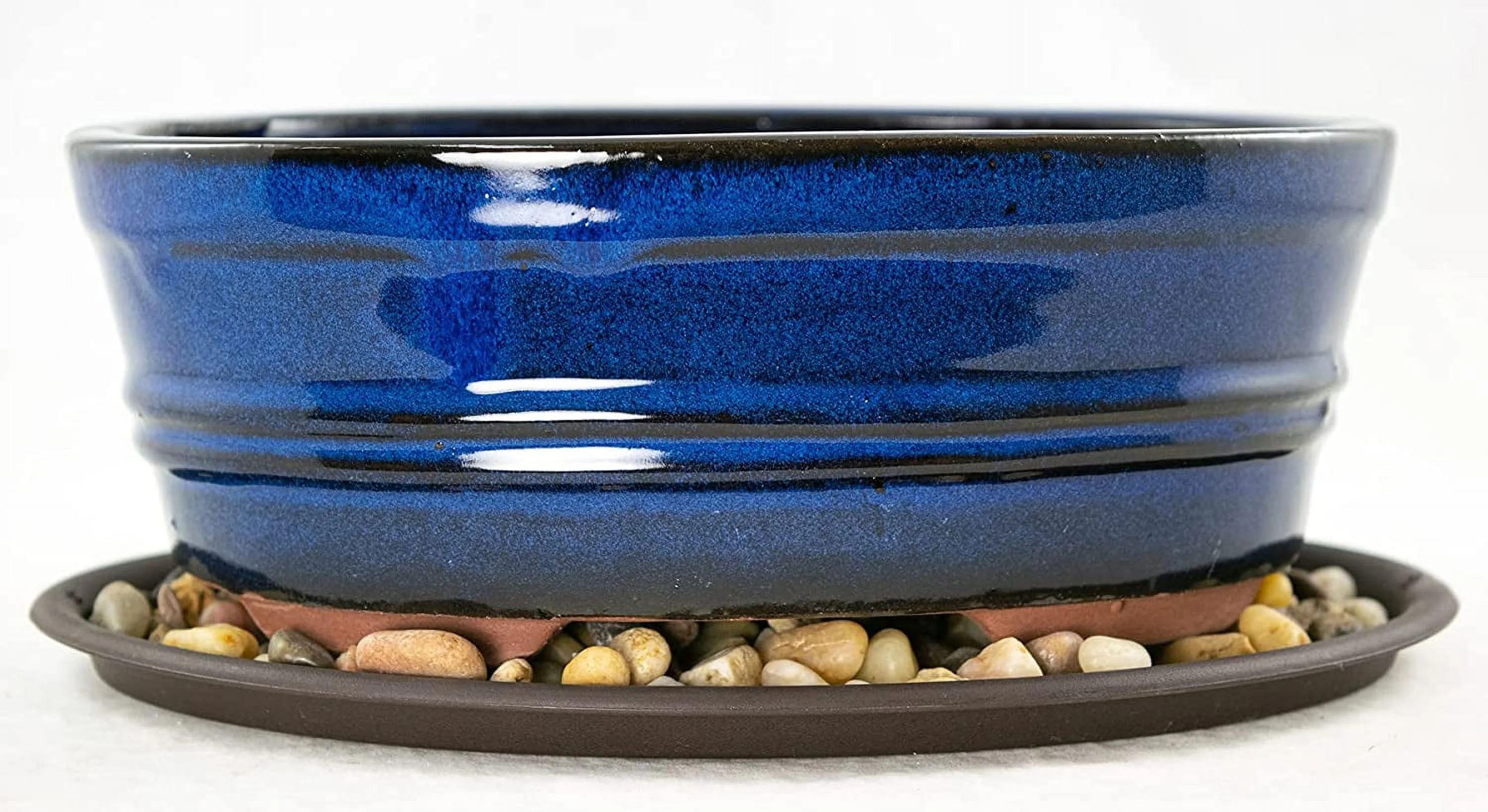 Oval Dark Blue Bonsai/Cactus & Succulent + Tray + Rock + Mesh Combo