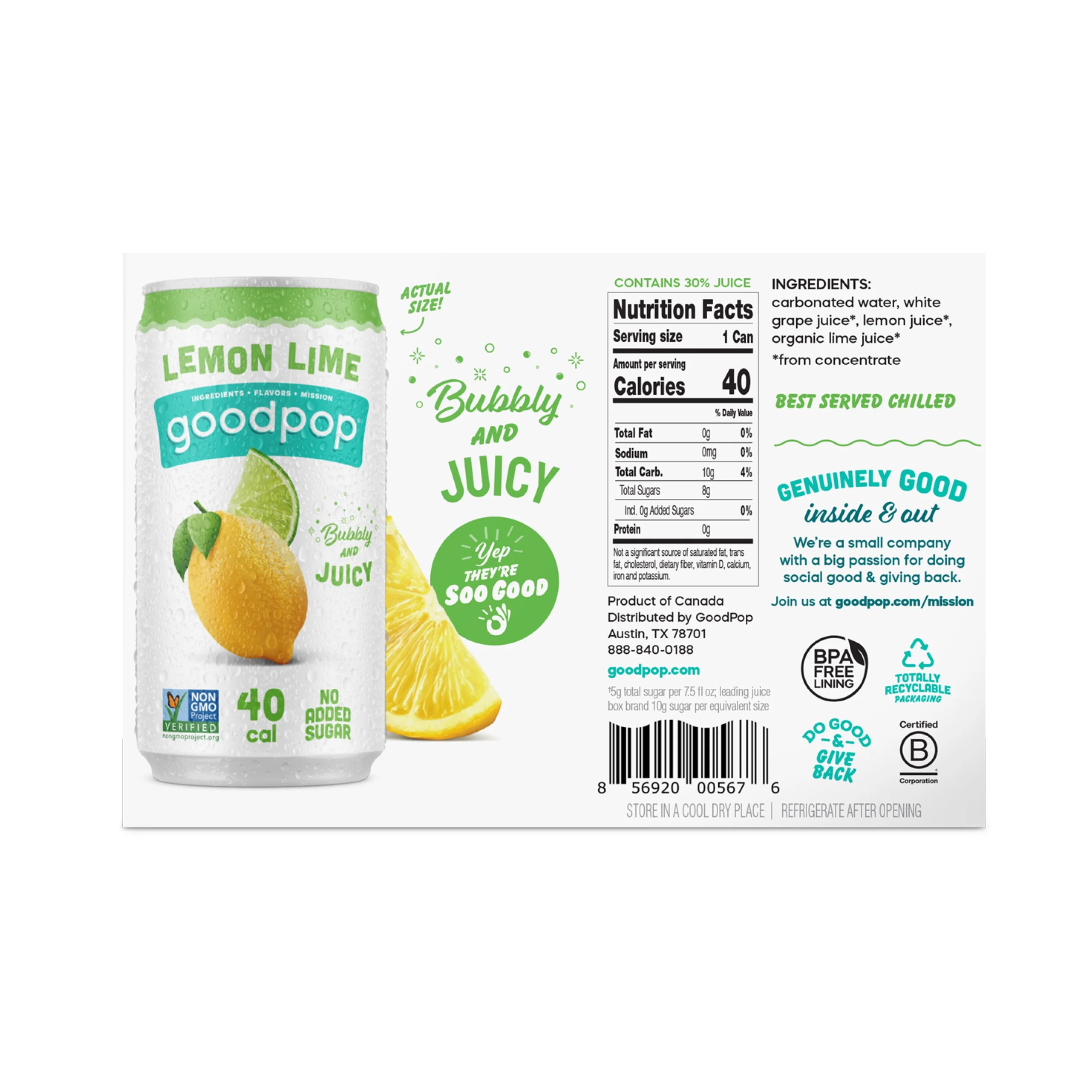 GoodPop Just Juice + Bubbly Water Mini Cans Lemon Lime 7.5 fl oz 6 pk
