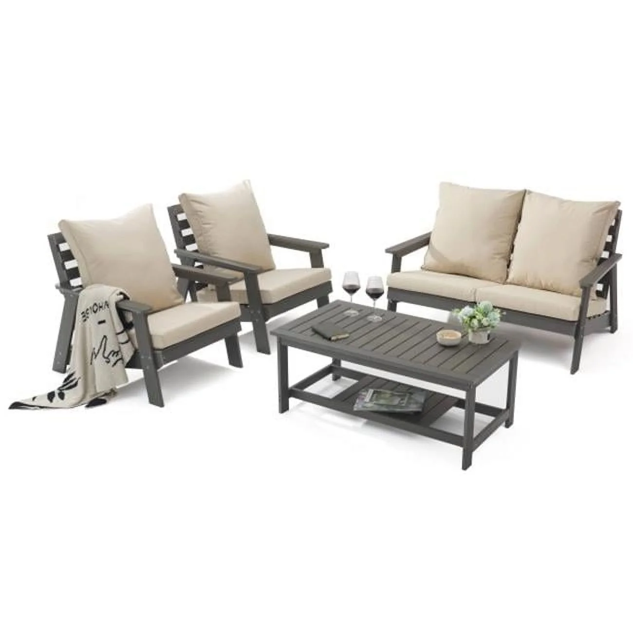 Alpine Poly Lumber Weather Resistant Patio Conversation Set, Beige - 4 Piece