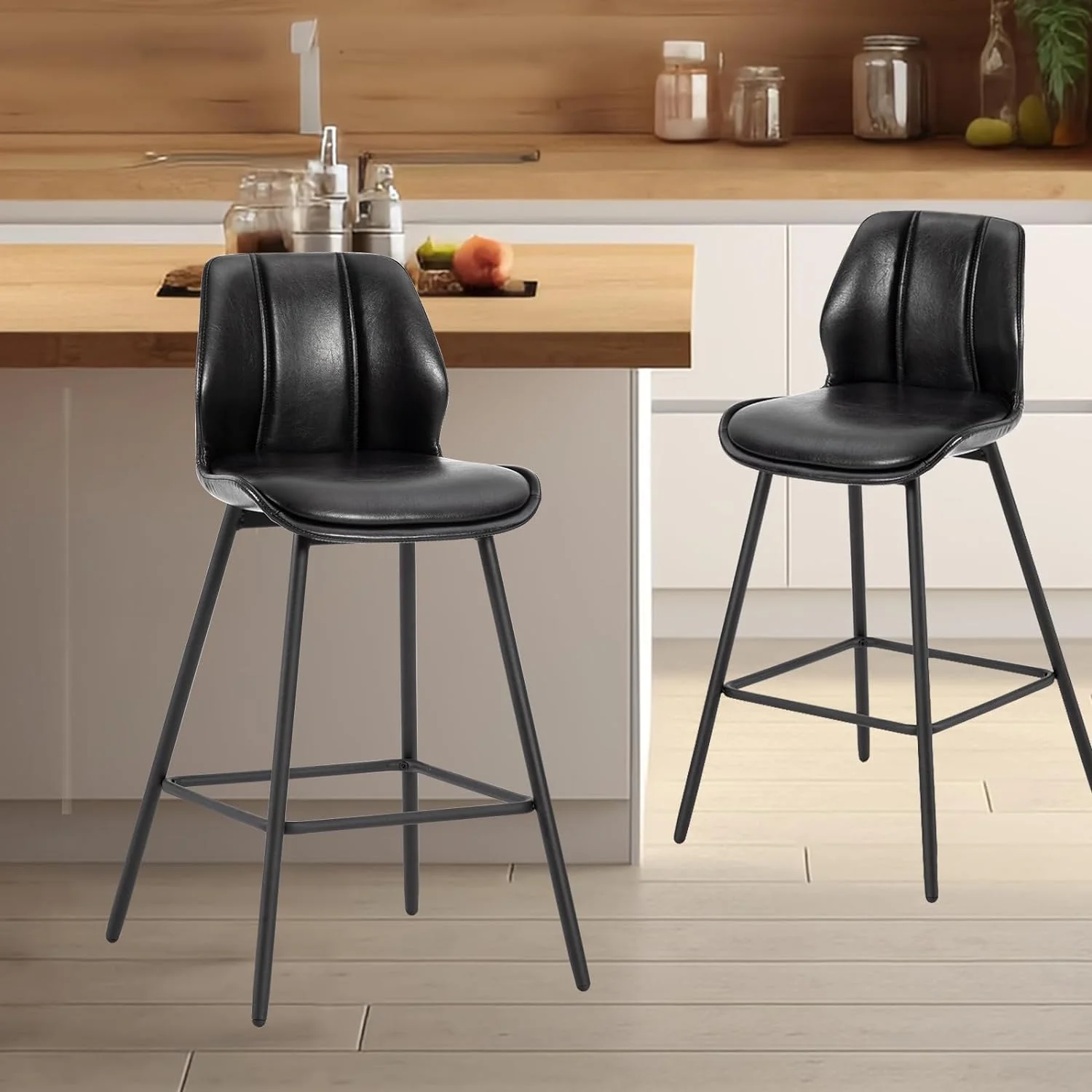 HBLUKDL Counter Height 26 inch  Stools  Industrial Pub Barstools with Back and Metal Legs  Modern Armless Faux Leather  Chairs for Kitchen Island (Black  4 pcs 26Inch)