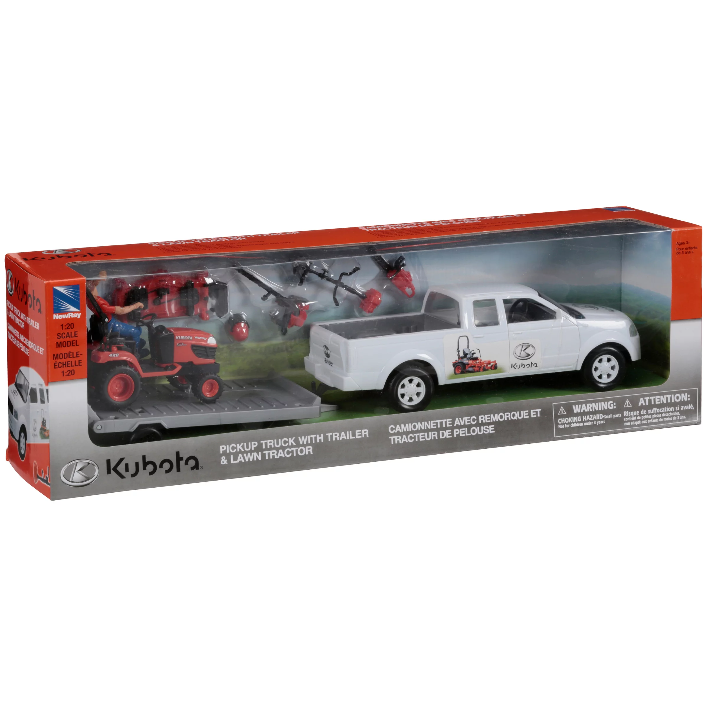 Kubota pickup truck with trailer & lawn tractor toy set 4 pc box