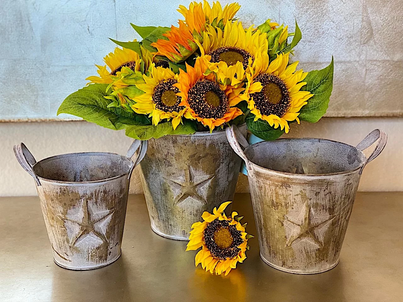 S/3 Metal Buckets Planters With Handles Lone Star Tarnished Gold Design Decorative Distressed Rustic Bathroom Garden Utility Organizer Indoor Outdoor