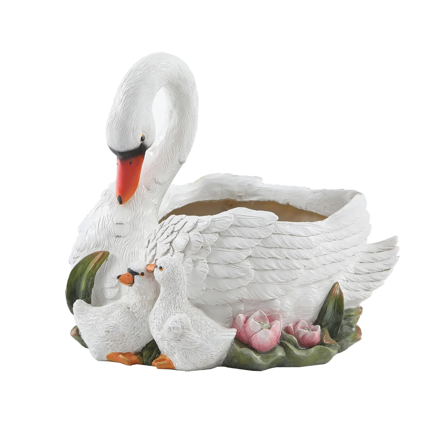 HomeStock Contemporary Cool White Resin Swan Family Planter